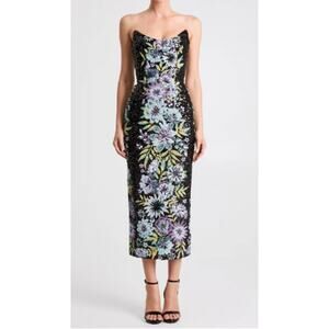 HELSI Alessandra Sequin Strapless Midi Dress Black Multi Floral Size M NWT